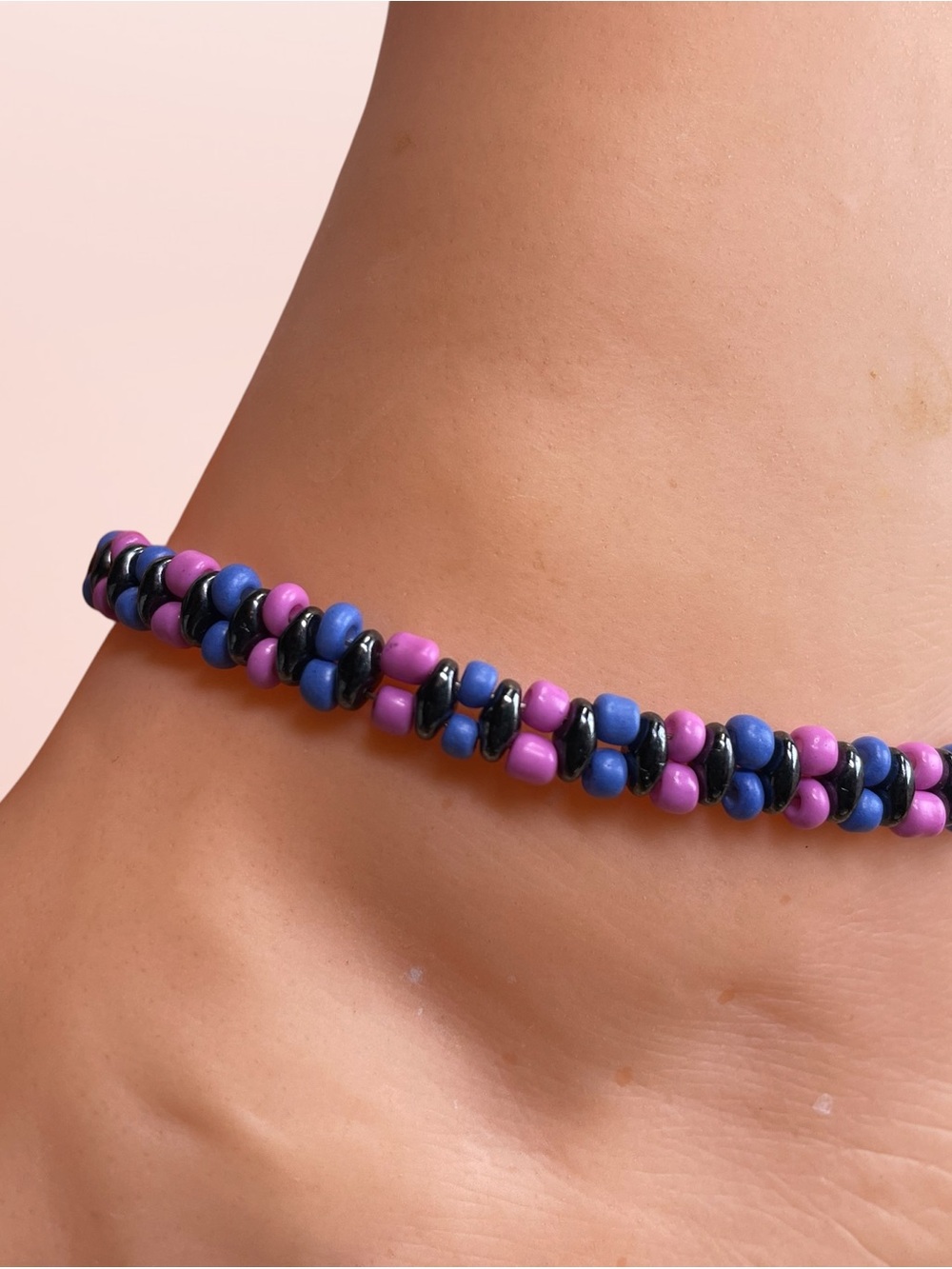 Handmade Pink Blue Black Beaded Anklet